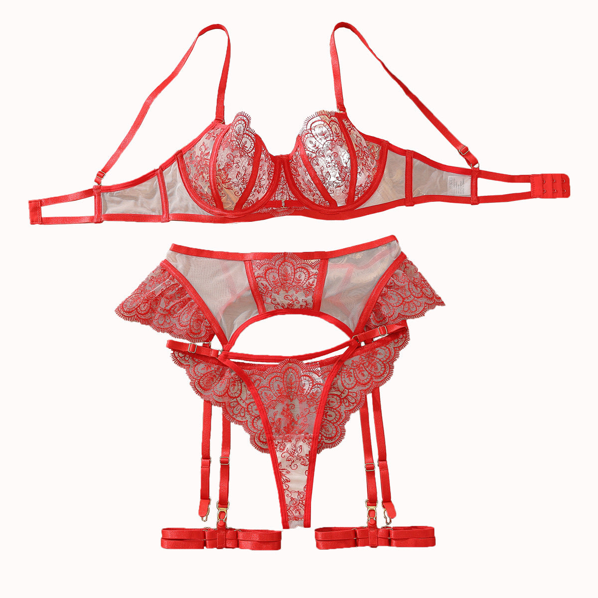 Red Lace Bra Set Hollow-out Beauty Back