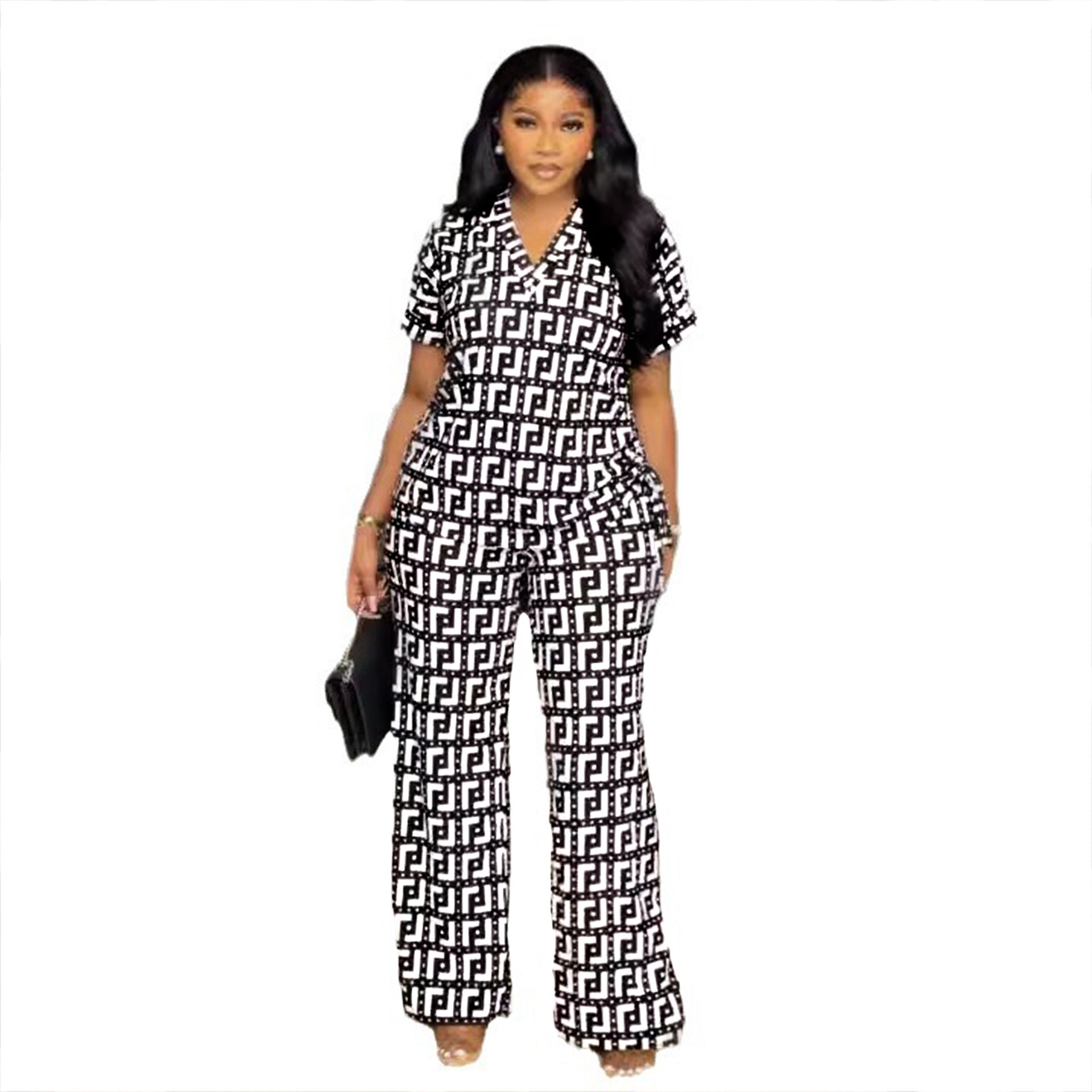 V-neck Pleating Wide Leg Pants Two-piece Set