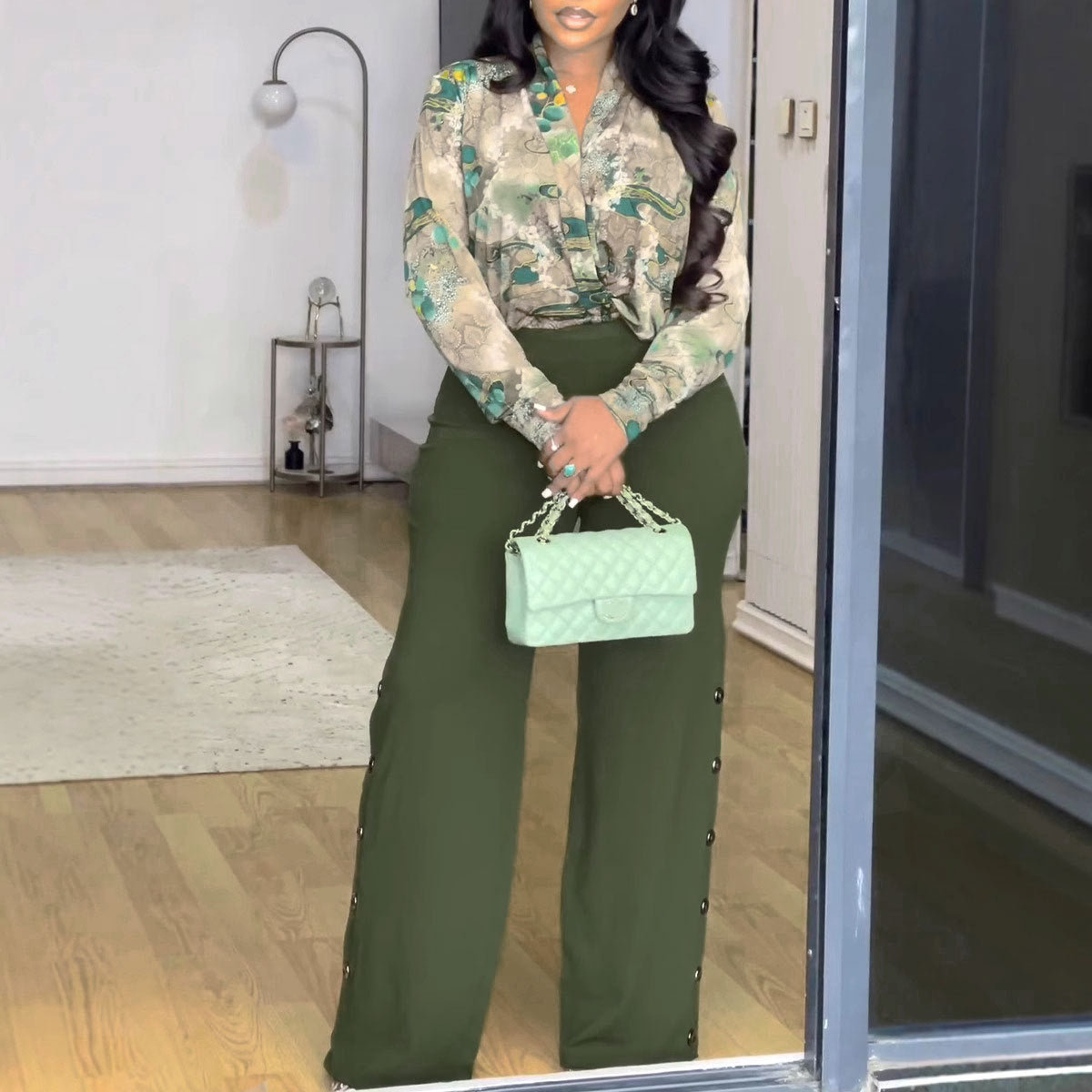 Women's V-neck Shirt Wide Leg Pants Two-piece Set