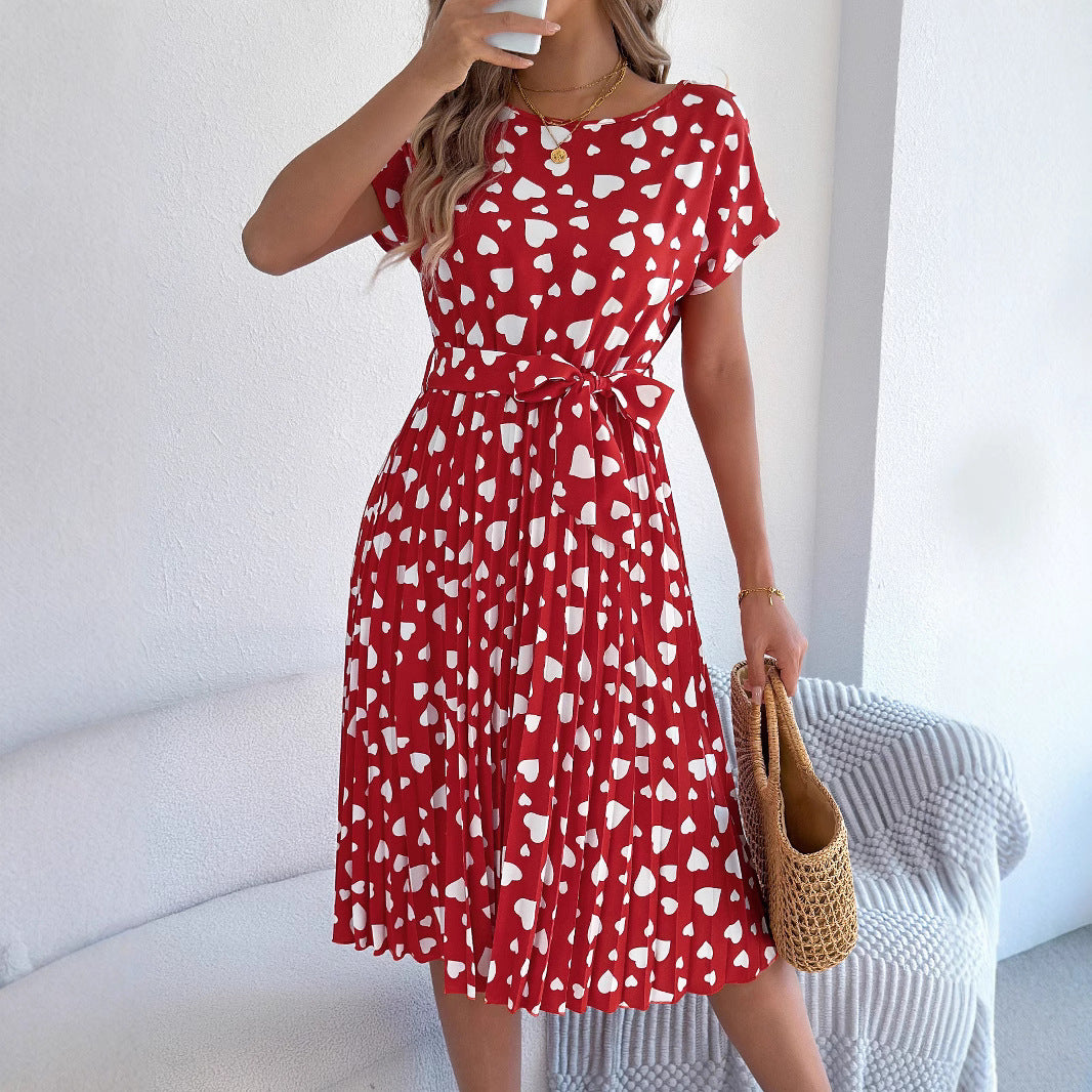 Casual Love Heart Short Sleeve Waist-controlled Pleated Dress