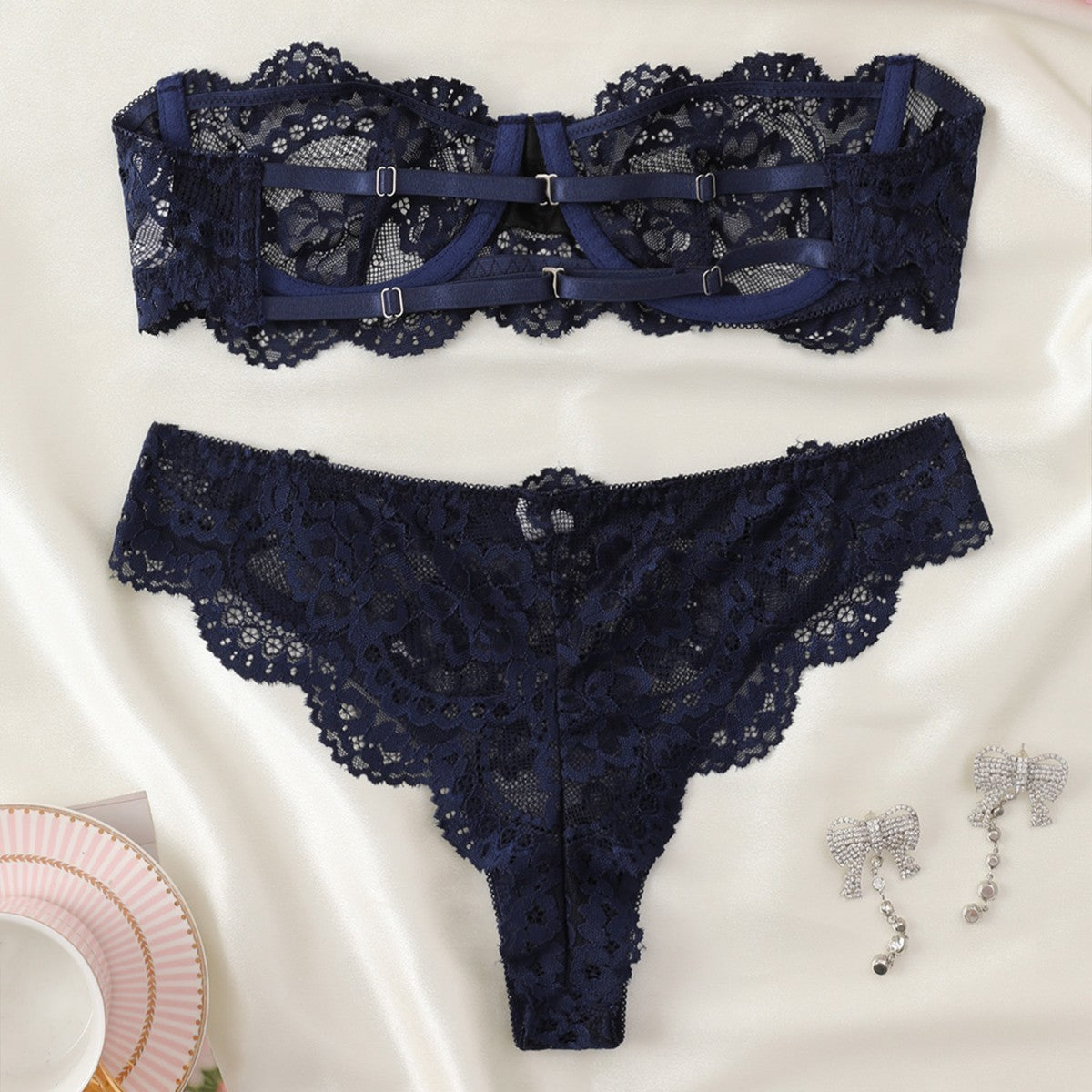 Women's Dark Blue Strap Bra Design Underwear Suit