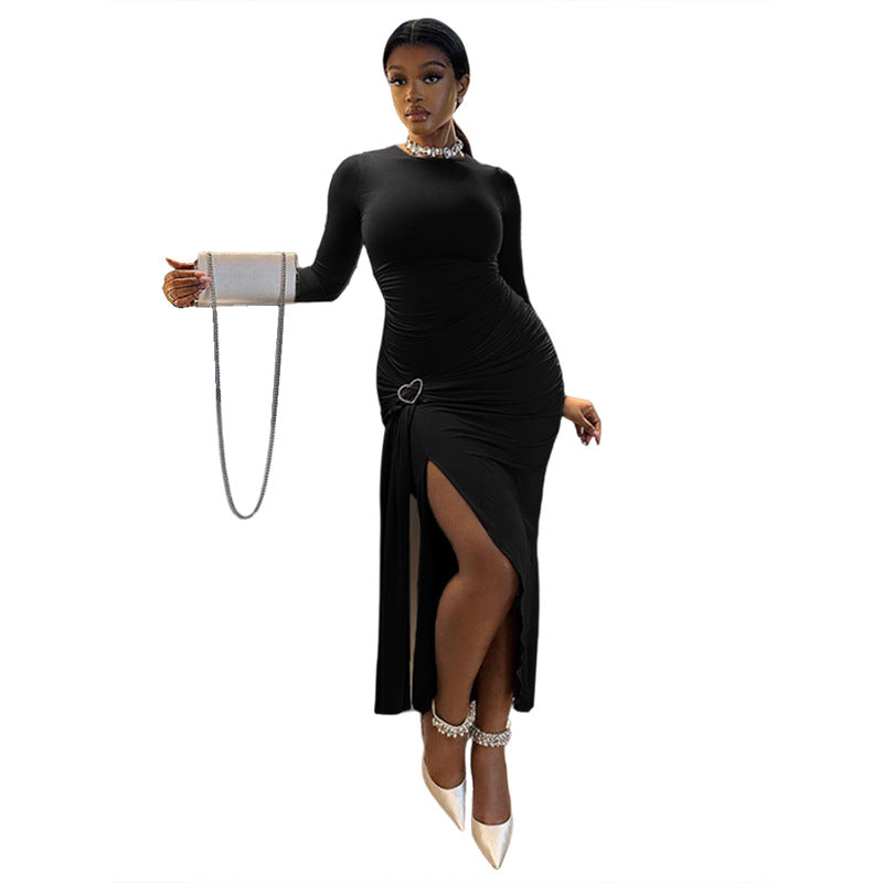 Long Sleeve Irregular Lace Up Split Pleated Dress