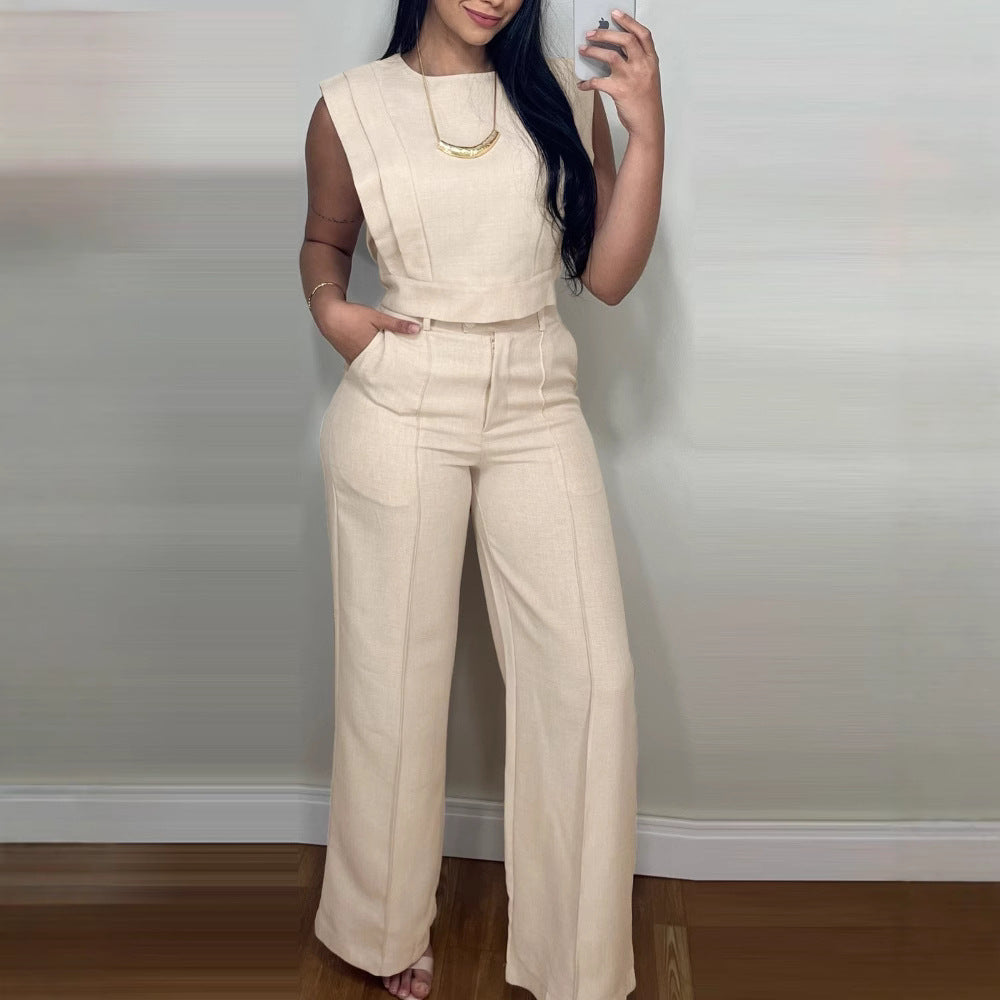 O-neck Short Top Straight-leg Pants Casual Suit