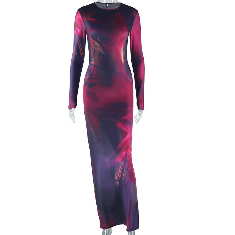 Women's Elegant Printed Long Sleeve Slim Fit Dress