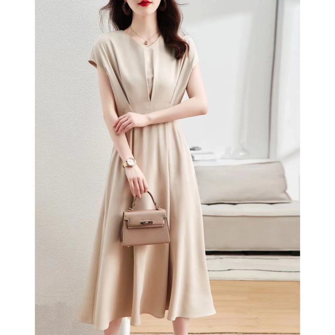 V-neck Tight Waist Apricot Dress